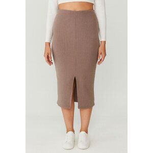 H&M Taupe Brown Ribbed Midi Skirt With Front Slit Stretch Size M